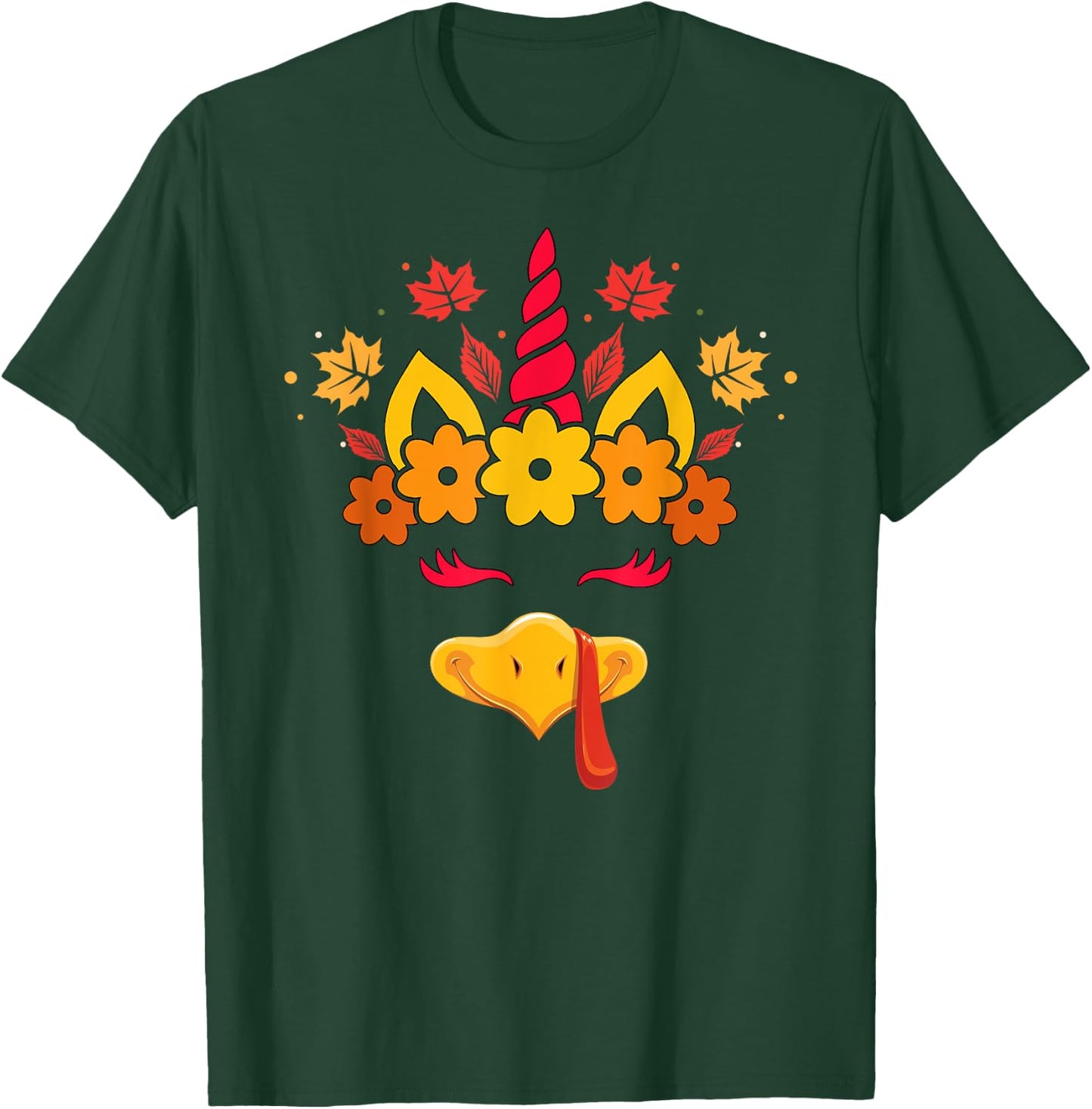 Funny Turkey Unicorn Face Girls Cute Thanksgiving Kids T-Shirt - T-Shirt | Forest