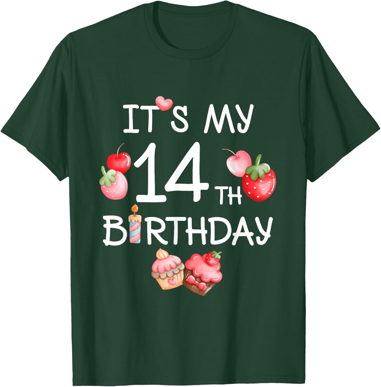 Its My 14th Birthday Cute Strawberry Cherry 14 Year Old Girl T-Shirt - T-Shirt | Forest