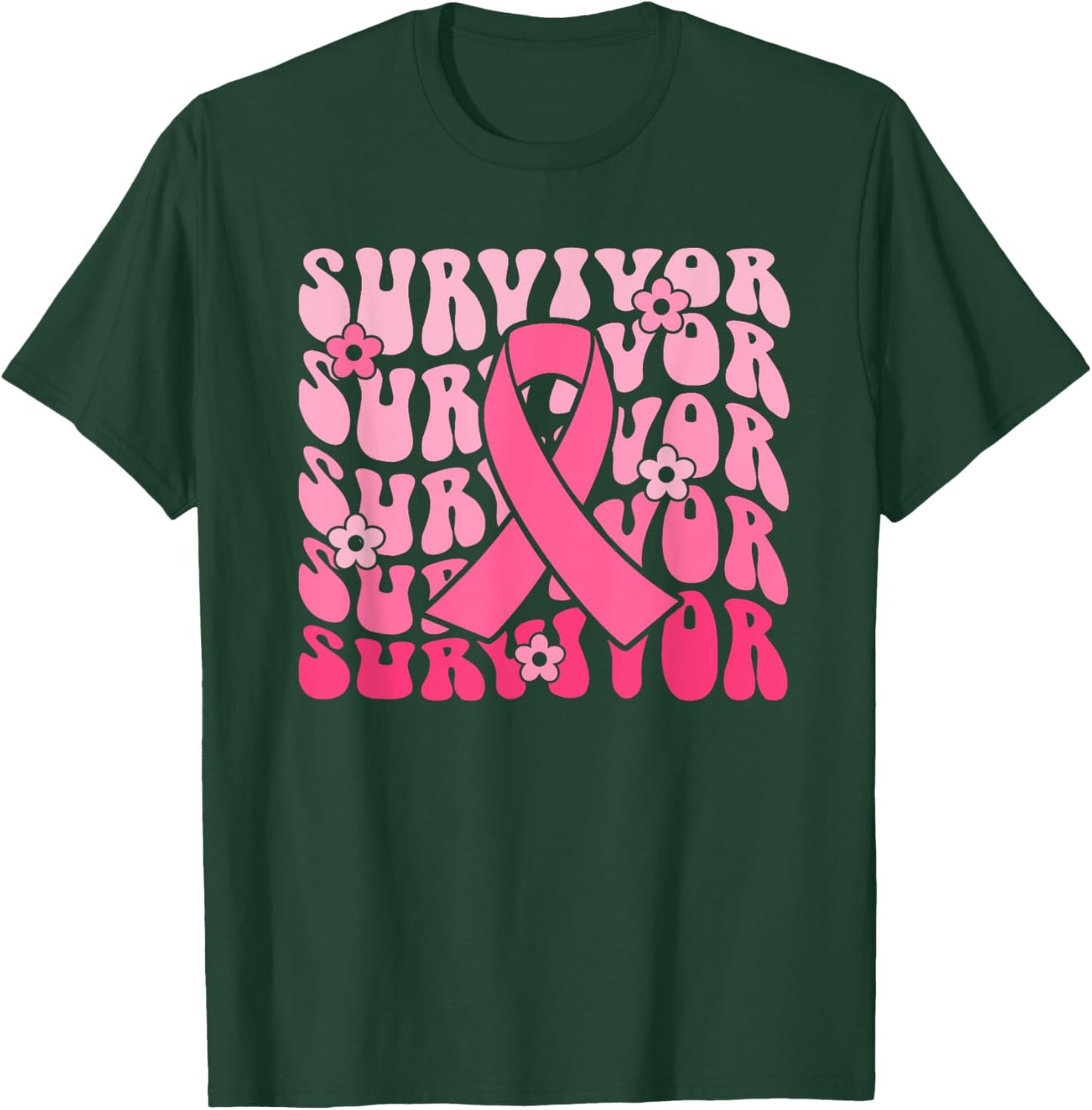Groovy Pink Ribbon Breast Cancer Awareness Month Survivor T-Shirt - T-Shirt | Forest