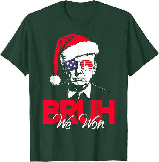 Bruh We Won Funny Christmas Santa Hat Trump 47 USA President T-Shirt - T-Shirt | Forest