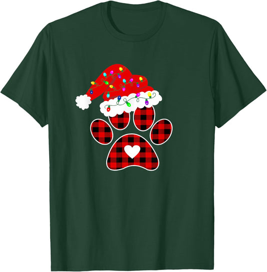Buffalo Plaid Christmas Paw Dog with Santa hat & Lights Men Women Kids T-Shirt - T-Shirt | Forest