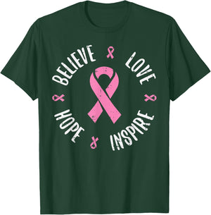 Believe Love Hope Pink Ribbon Breast Cancer Awareness Gift T-Shirt - T-Shirt | Forest