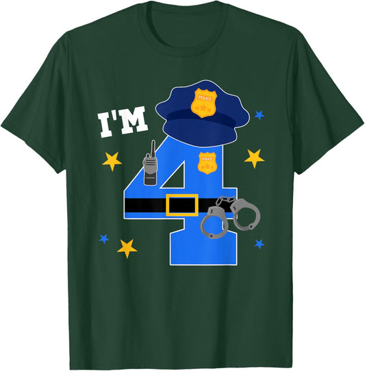 4th Birthday Police Theme 4 Year Old Birthday Police Officer T-Shirt - T-Shirt | Forest