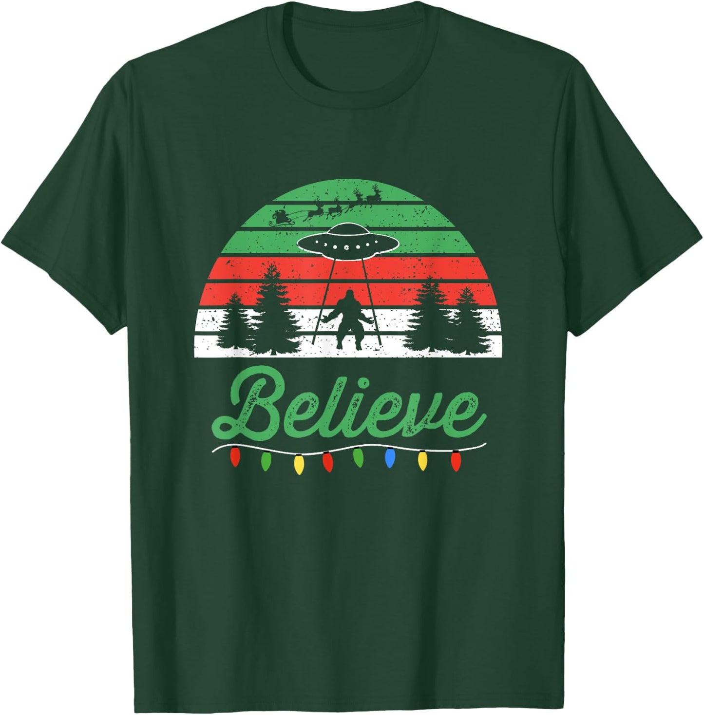 Bigfoot Believe UFO Aliens Santa Claus Reindeer Christmas T-Shirt - T-Shirt | Forest