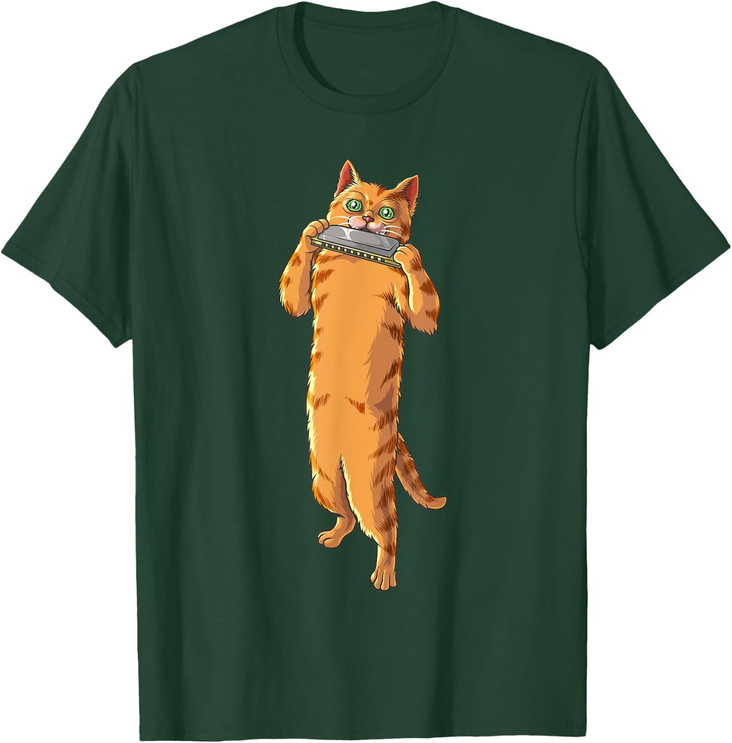 Funny Cat Playing Harmonica | Cool Love Animal Musician Gift Women Girls Kids T-Shirt - T-Shirt | Forest