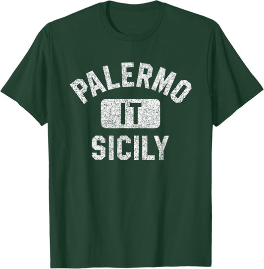 Palermo Sicily Gym Style Distressed White Print T-Shirt - T-Shirt | Forest