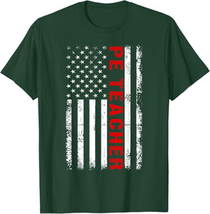 PE Physical Education Teacher P.E. USA Flag Patriot Coach T-Shirt - T-Shirt | Forest