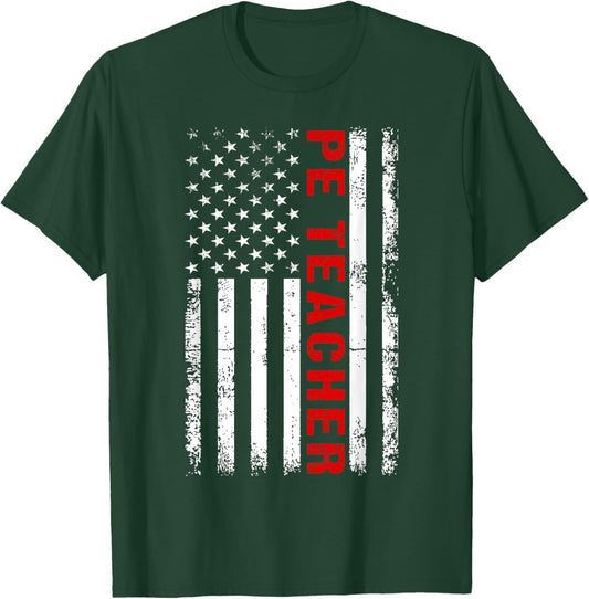 PE Physical Education Teacher P.E. USA Flag Patriot Coach T-Shirt - T-Shirt | Forest