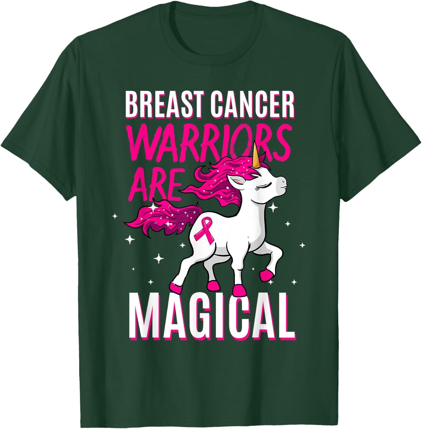 Breast Cancer Warrior Magical Unicorn Pink Ribbon Mammogram T-Shirt - T-Shirt | Forest