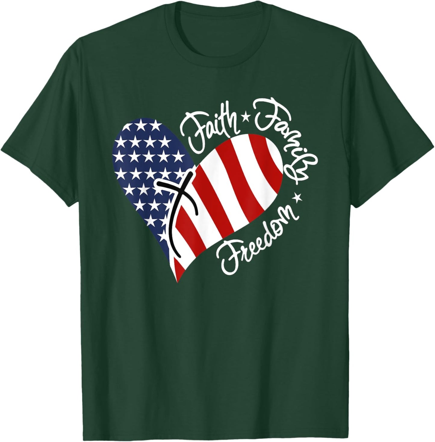 Patriotic Christian Faith Family Freedom Heart American Flag T-Shirt - T-Shirt | Forest