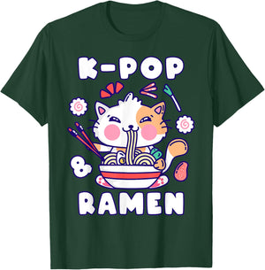 Cat, K-Pop & Ramen, Korean Music, Cute Playful T-Shirt - T-Shirt | Forest
