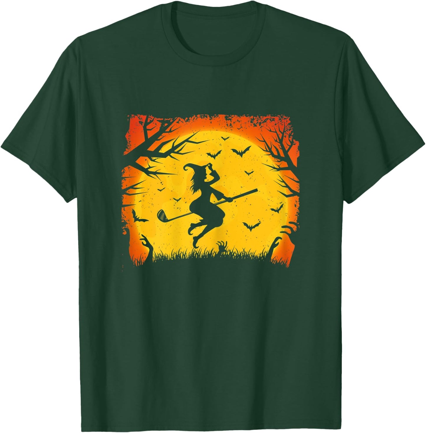 Golf Witch Riding Golf Stick Funny Halloween Golf Player T-Shirt - T-Shirt | Forest