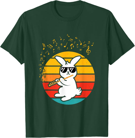 Cool Bunny with Flute - Music Lover Retro Rabbit Flute T-Shirt - T-Shirt | Forest