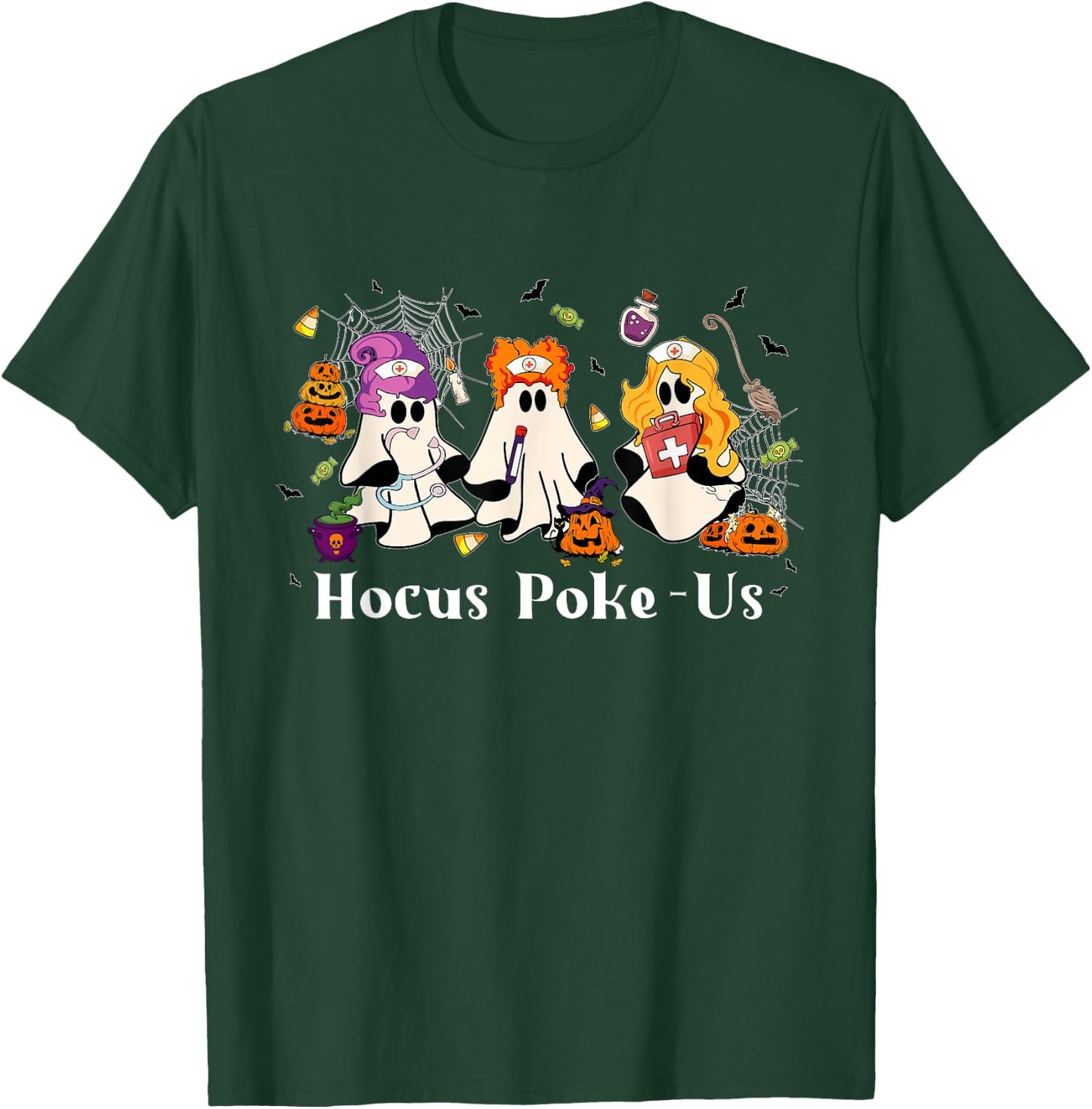 Retro Funny Hocus Poke-us Spooky Nurse Halloween Cute Ghost T-Shirt - T-Shirt | Forest