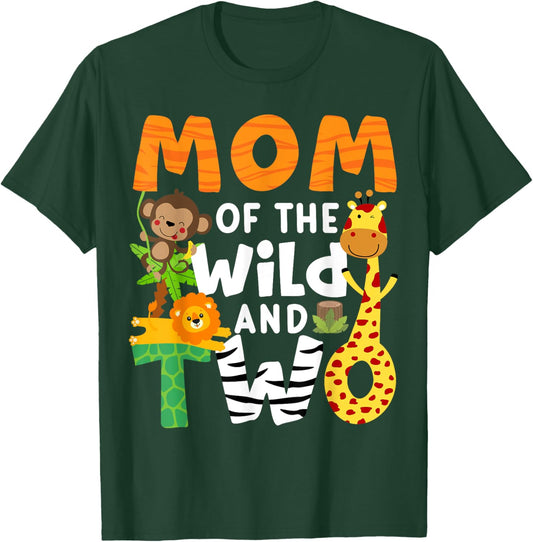 Mom Of The Wild and Two Zoo Theme 2nd Birthday Safari Jungle T-Shirt - T-Shirt | Forest