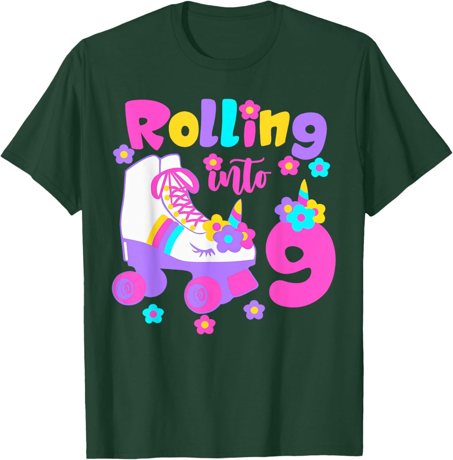 Rolling Into 9 Years Old Roller Skating Girl 9th Birthday T-Shirt - T-Shirt | Forest