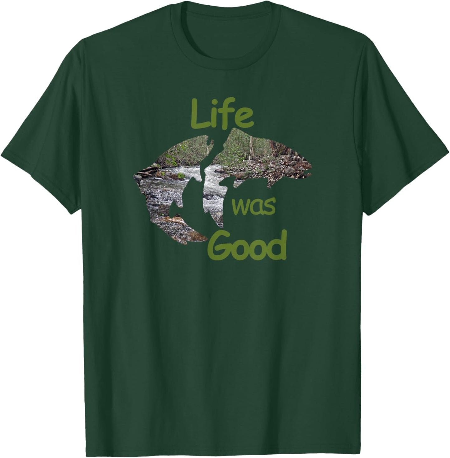 Life Was Good (LWG) Two Trout with inlay stream scene. T-Shirt - T-Shirt | Forest