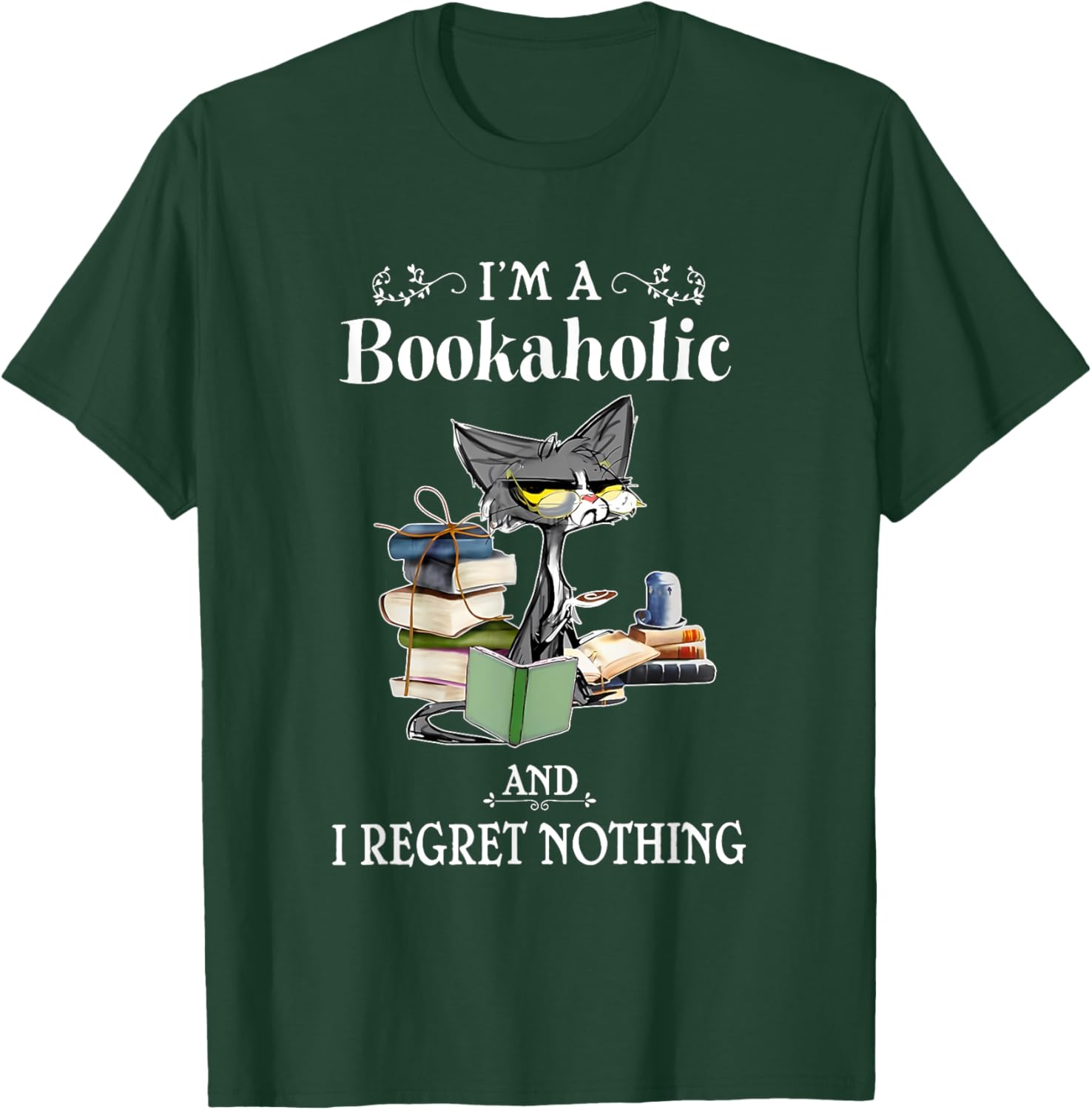 I’m A Bookaholic And I Regret Nothing Black Cat Reading Book T-Shirt - T-Shirt | Forest