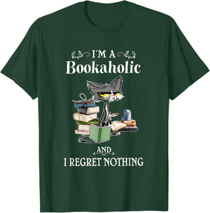 I’m A Bookaholic And I Regret Nothing Black Cat Reading Book T-Shirt - T-Shirt | Forest