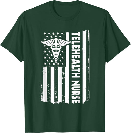 USA Flag Telehealth Nurse American Virtual Nursing America T-Shirt - T-Shirt | Forest