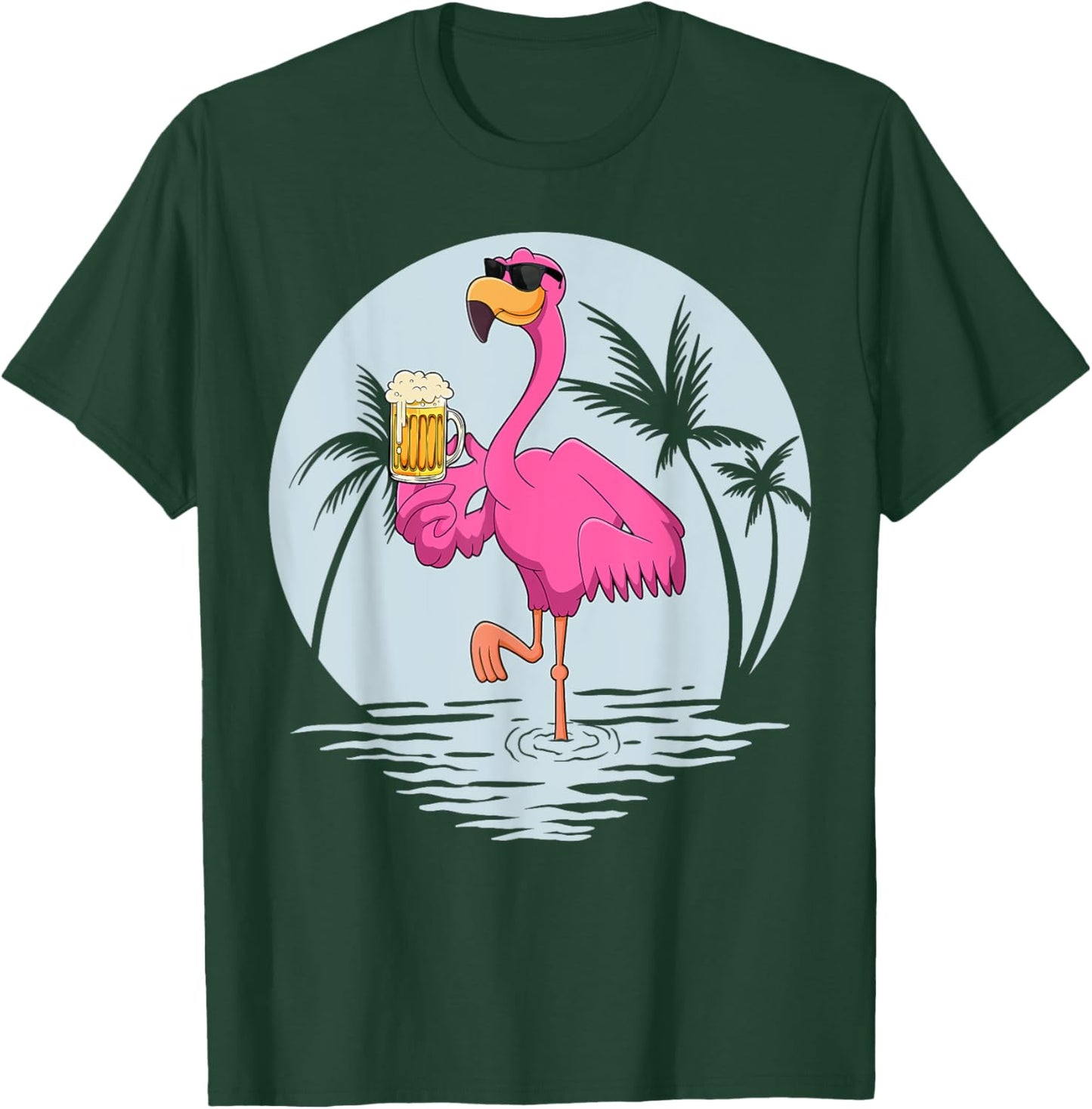 Funny Pink Flamingo Bird With Mug Of Beer Summer Vacation T-Shirt - T-Shirt | Forest