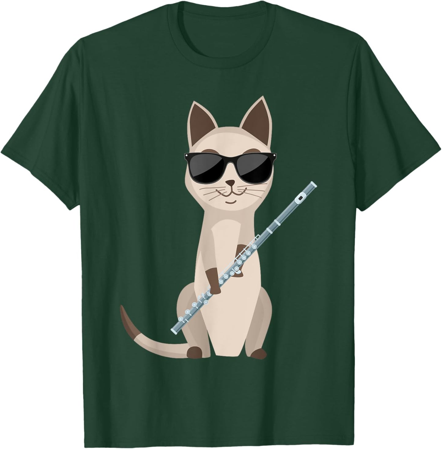 Funny Cat Wearing Sunglasses Playing Flute Flutist Cat Women Girls Kids T-Shirt - T-Shirt | Forest