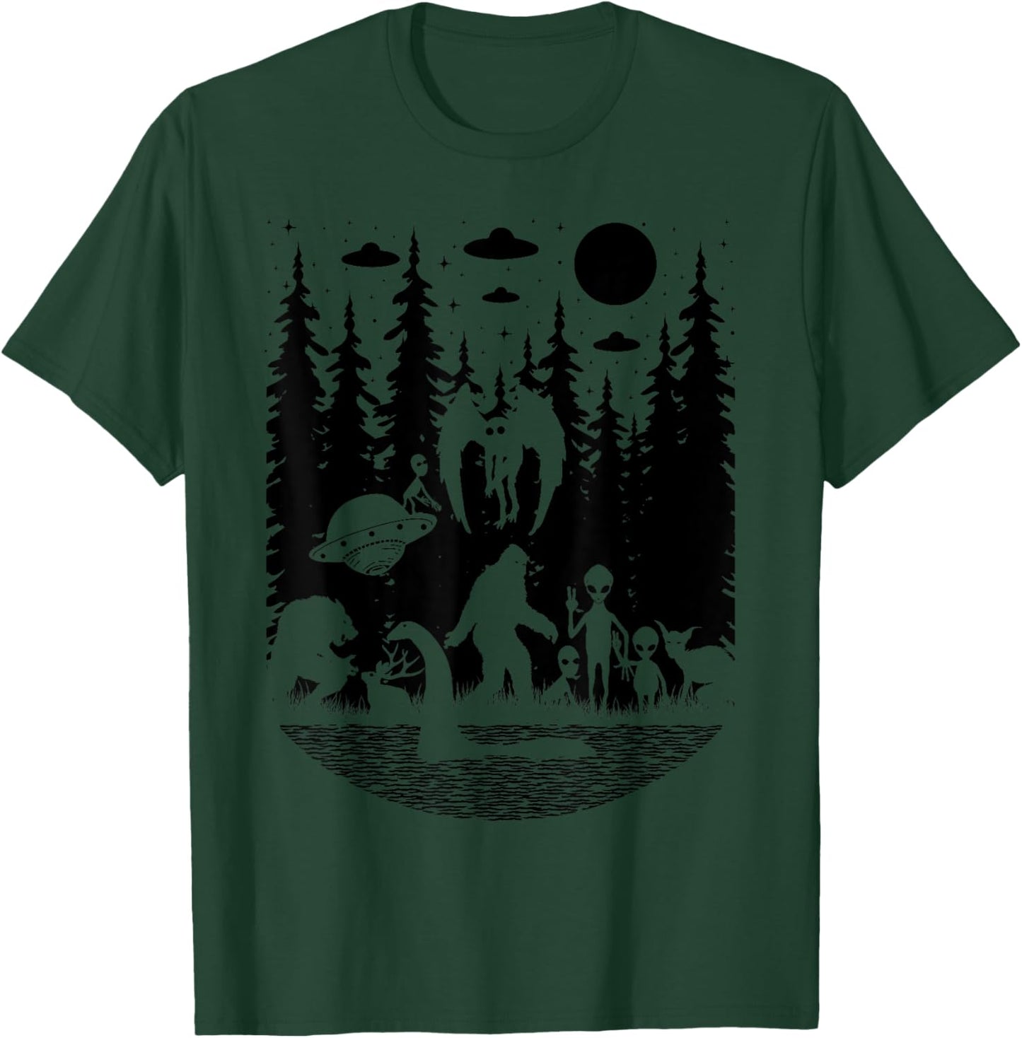 Bigfoot Loch Ness Monster Mothman And Aliens Funny Cryptid T-Shirt - T-Shirt | Forest