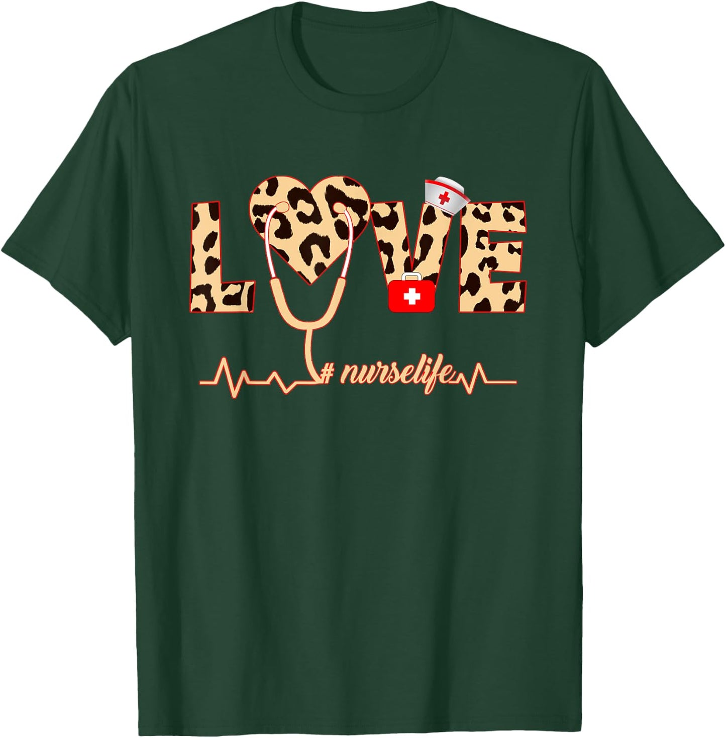 Nurse Life RN LPN CNA Healthcare Cheetah Heart Leopard T-Shirt - T-Shirt | Forest