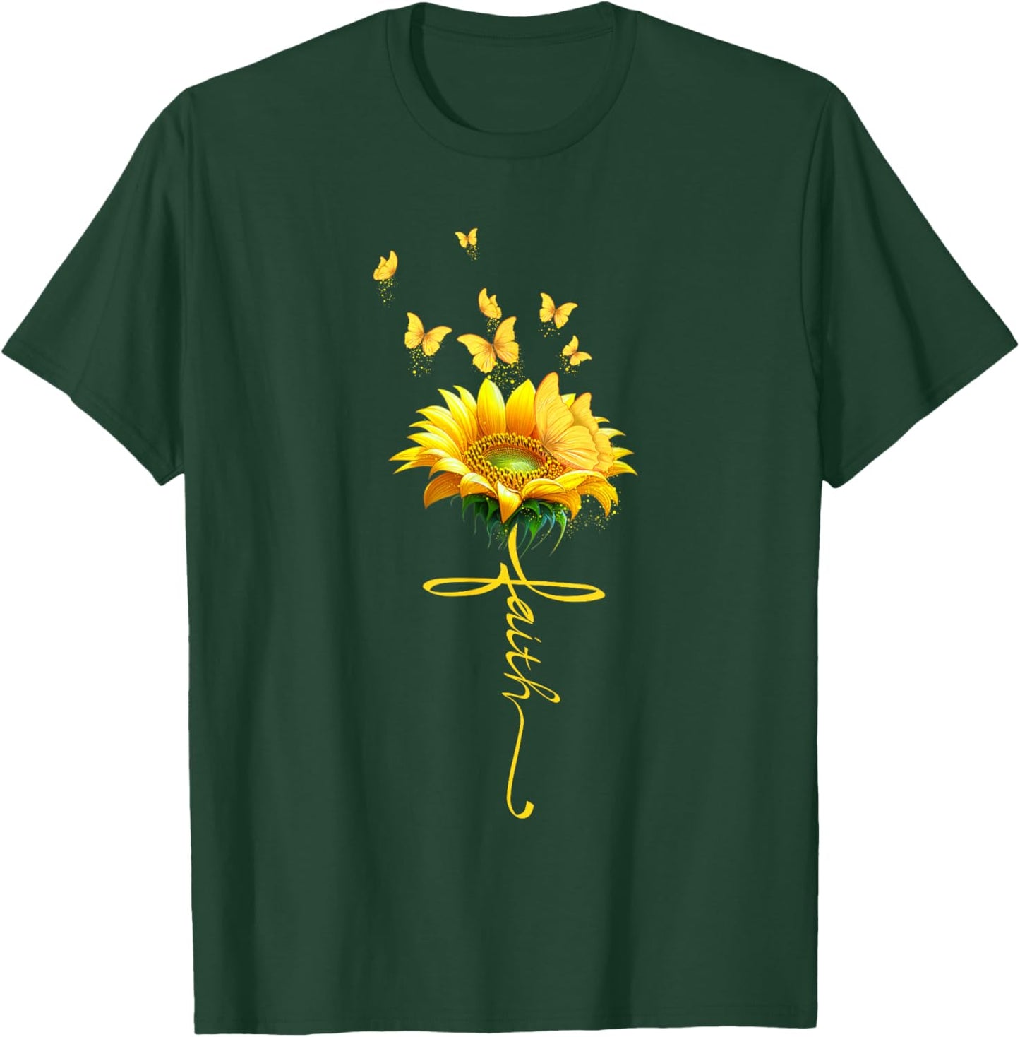 Faith Cross Sunflower Butterflies Flowers Christians T-Shirt - T-Shirt | Forest