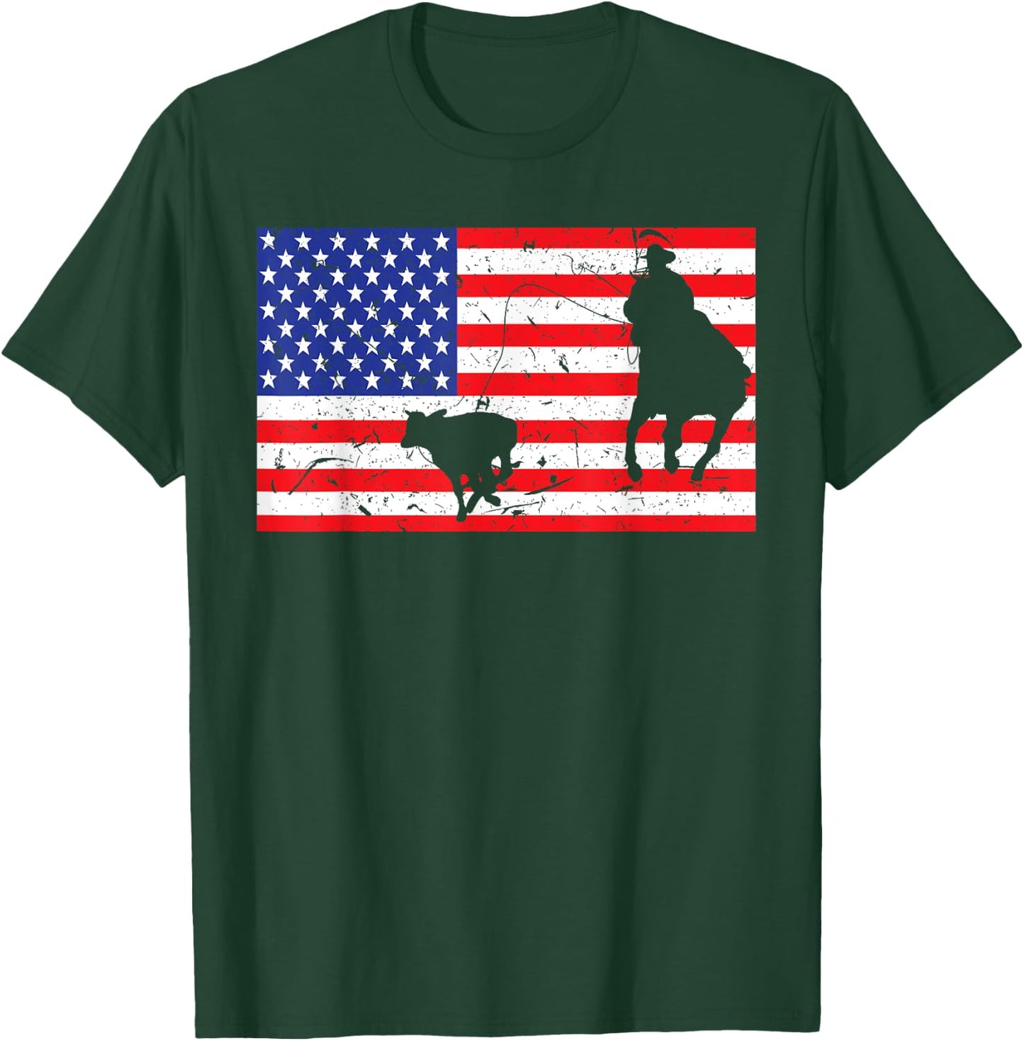 Distressed Roping USA American Flag Vintage Rodeo Calf Roper T-Shirt - T-Shirt | Forest