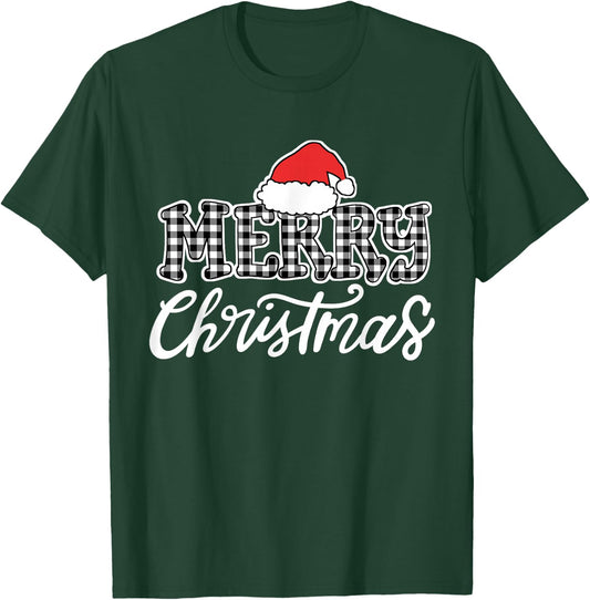 Merry Christmas Buffalo Black and White Plaid Men Women Kids T-Shirt - T-Shirt | Forest