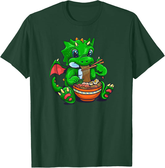 Kawaii Dragon Eating Ramen Noodles Anime T-Shirt - T-Shirt | Forest