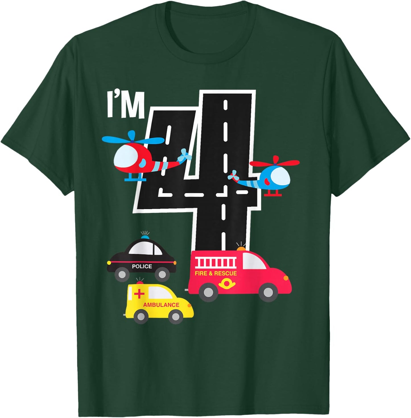4th Birthday Fire Truck Police Car Ambulance 4 Year Toddler T-Shirt - T-Shirt | Forest