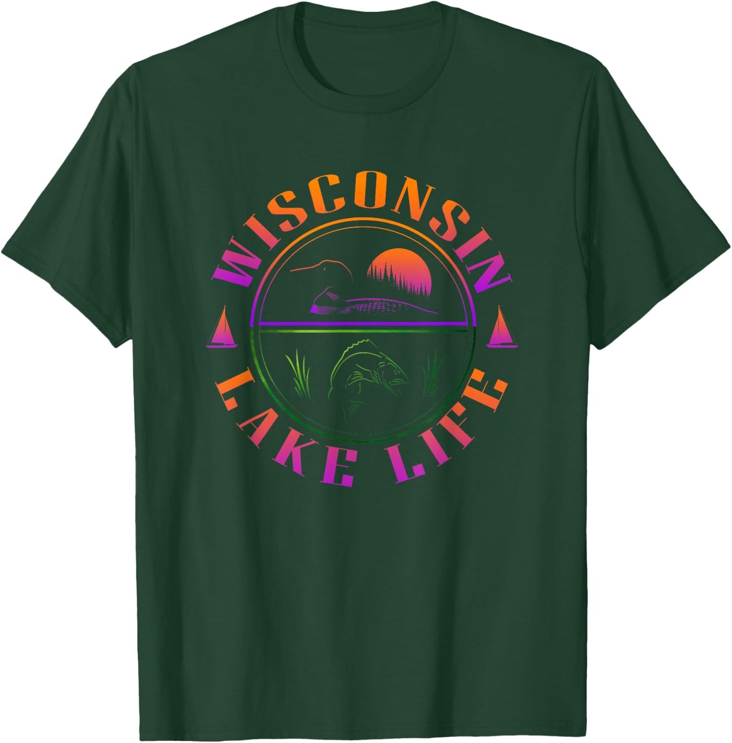 Wisconsin - Lake Life with Loon, Walleye, and Sunset T-Shirt - T-Shirt | Forest