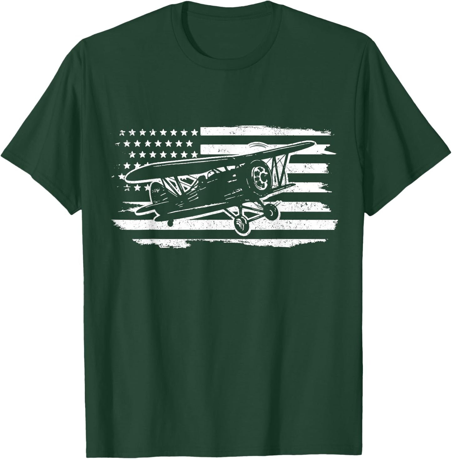 Airplane Pilot Vintage Patriotic Flag Biplane Plane Aviation T-Shirt - T-Shirt | Forest