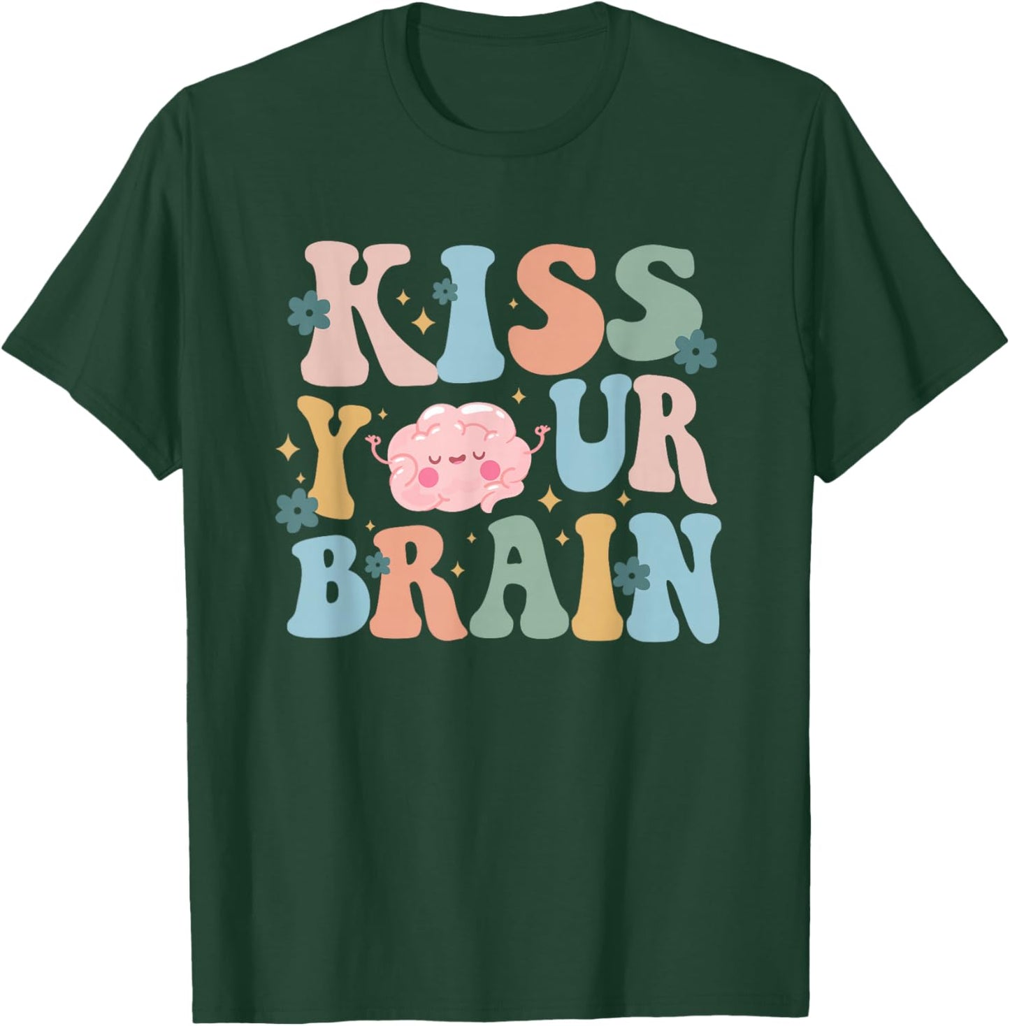Kiss Your Brain Teacher Inspire Educate Groovy Retro Vintage T-Shirt - T-Shirt | Forest