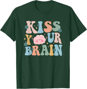 Kiss Your Brain Teacher Inspire Educate Groovy Retro Vintage T-Shirt - T-Shirt | Forest