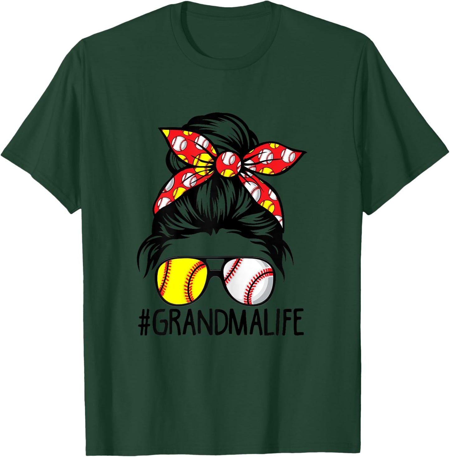 Dy Messy Bun Mothers Day Softball Baseball Grandma Life T-Shirt - T-Shirt | Forest