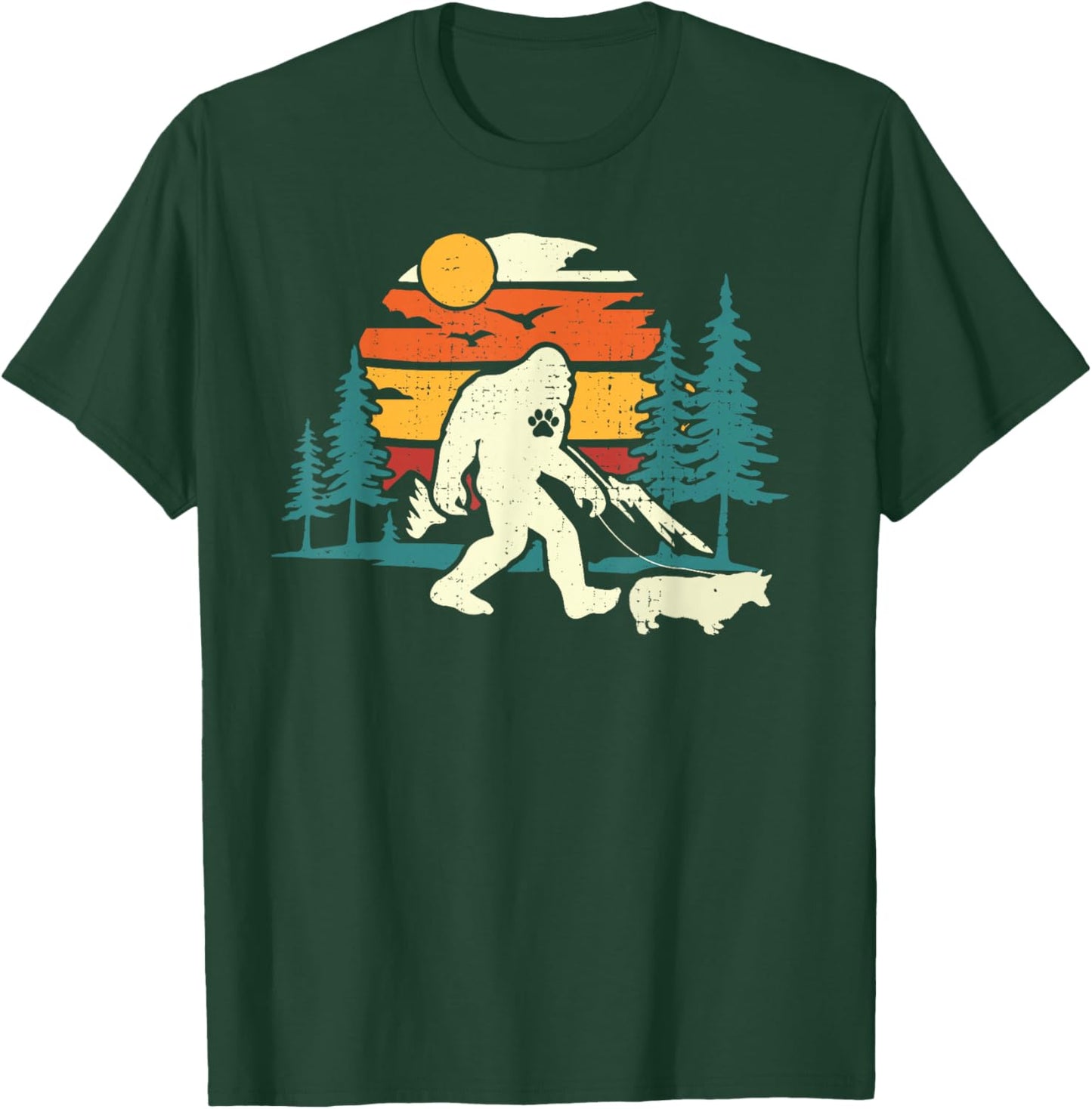 Retro Bigfoot Walking Welsh Corgi Dog Walker Sasquatch T-Shirt - T-Shirt | Forest