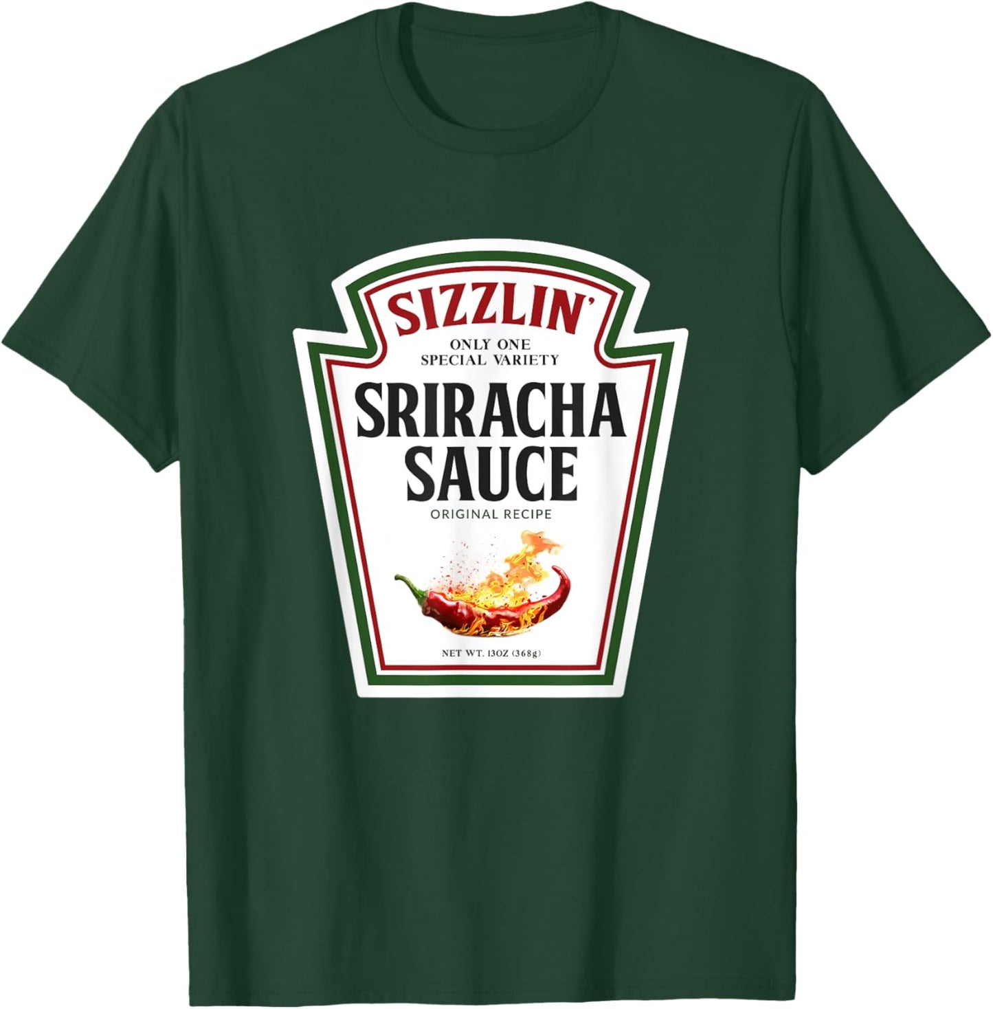 Sizzling Sriracha Sauce Funny Bottle Label Condiment design T-Shirt - T-Shirt | Forest