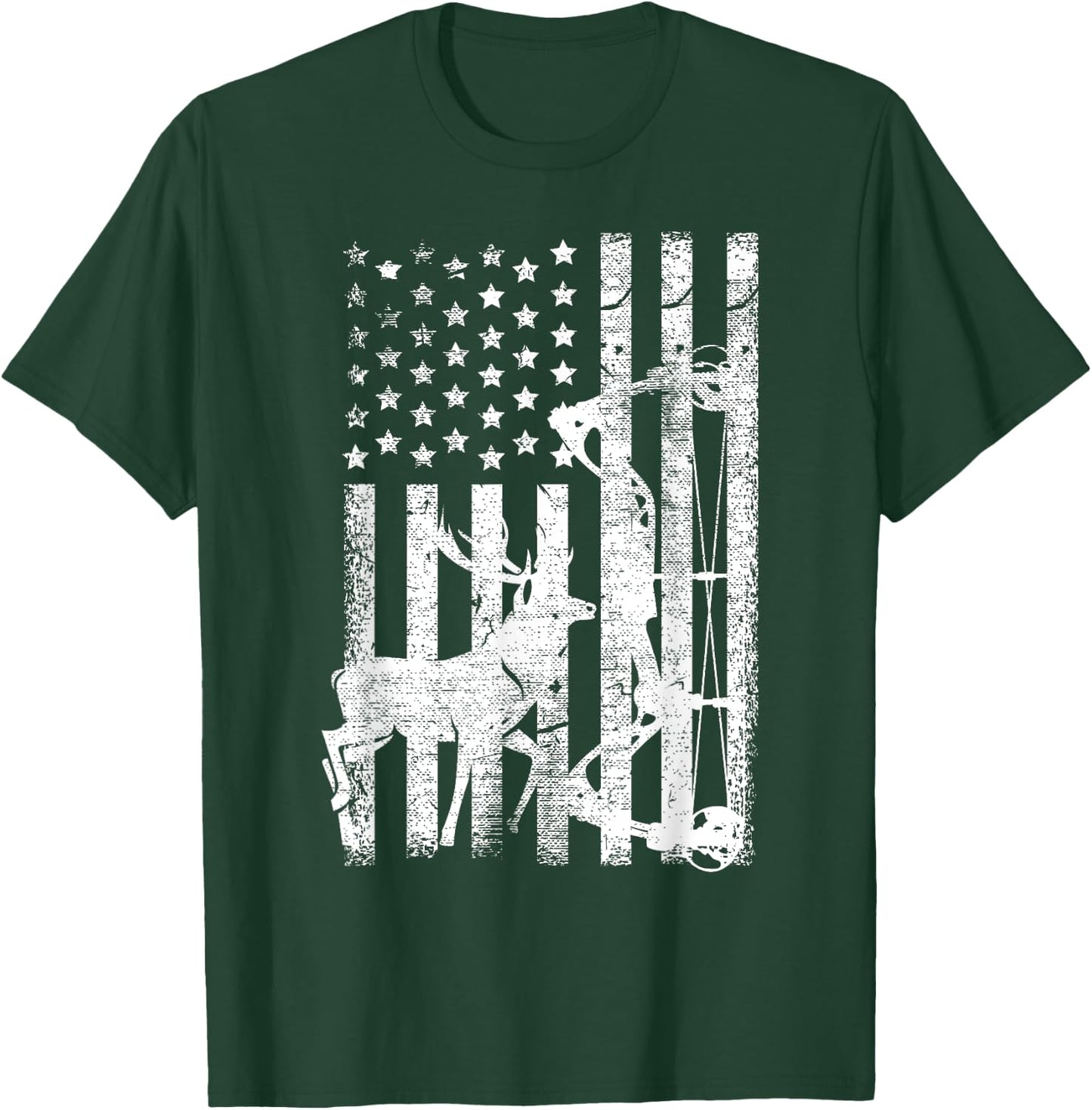 Vintage American Flag Elk Hunting Funny USA Bow Hunters Gift Men T-Shirt - T-Shirt | Forest