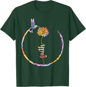 Watercolor Faith Bird Flower Hummingbird Christian Religious T-Shirt - T-Shirt | Forest
