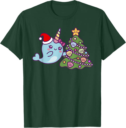 Merry Christmas Cute Unicorn Narwhal Christmas Santa Hat T-Shirt - T-Shirt | Forest