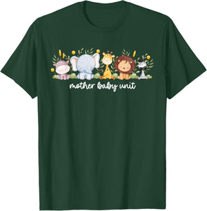 Mother Baby Unit Cute Animals NICU Nurse Squad Postpartum T-Shirt - T-Shirt | Forest