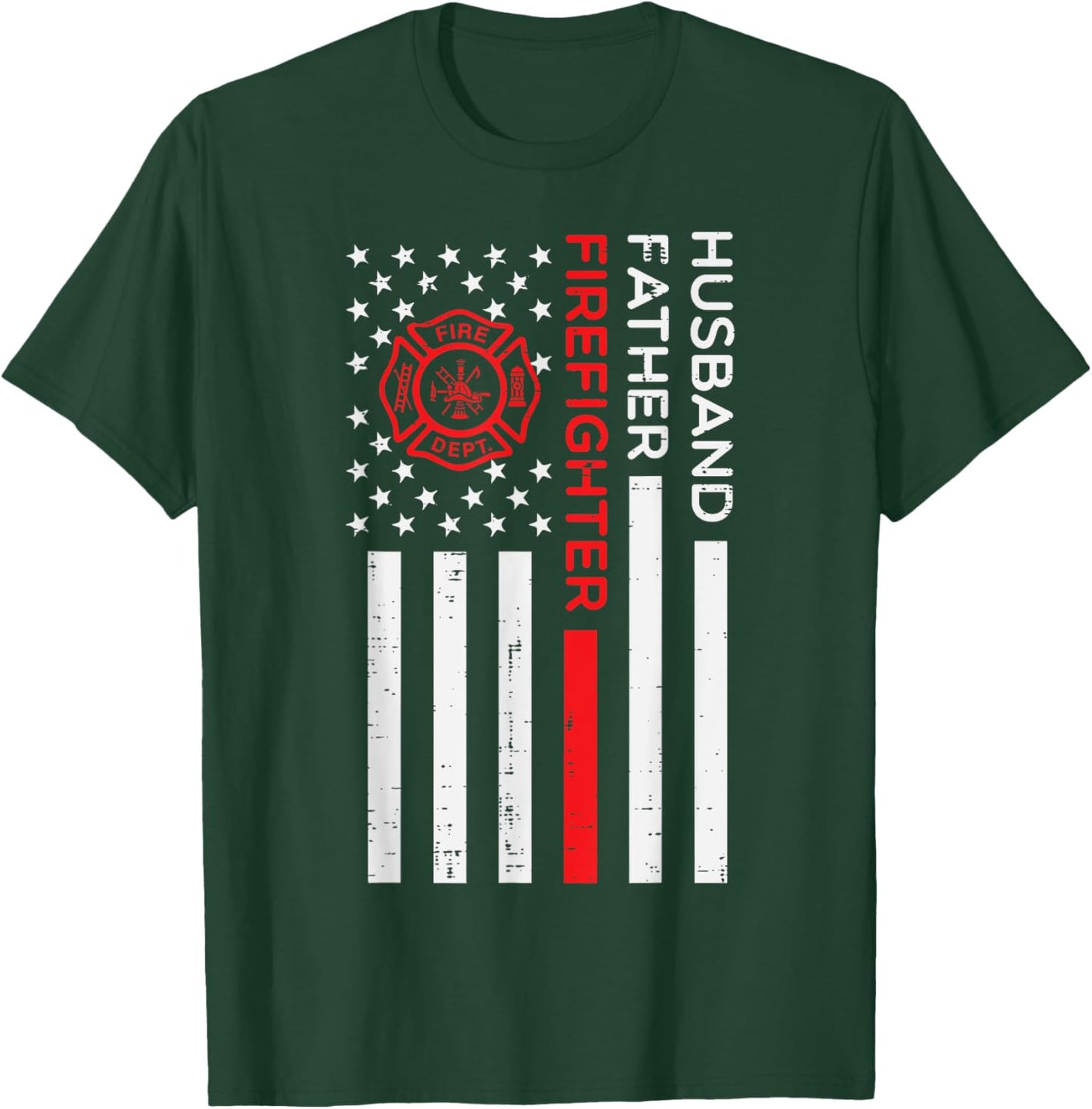 Husband Father Firefighter US Flag Fathers Day Fireman Men T-Shirt - T-Shirt | Forest
