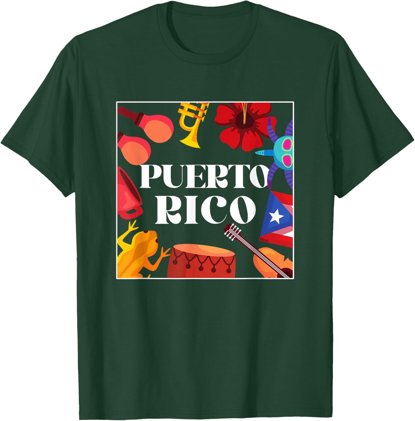 Puerto Rico Flag Flower Amapola Coquí Vejigante Pride T-Shirt - T-Shirt | Forest