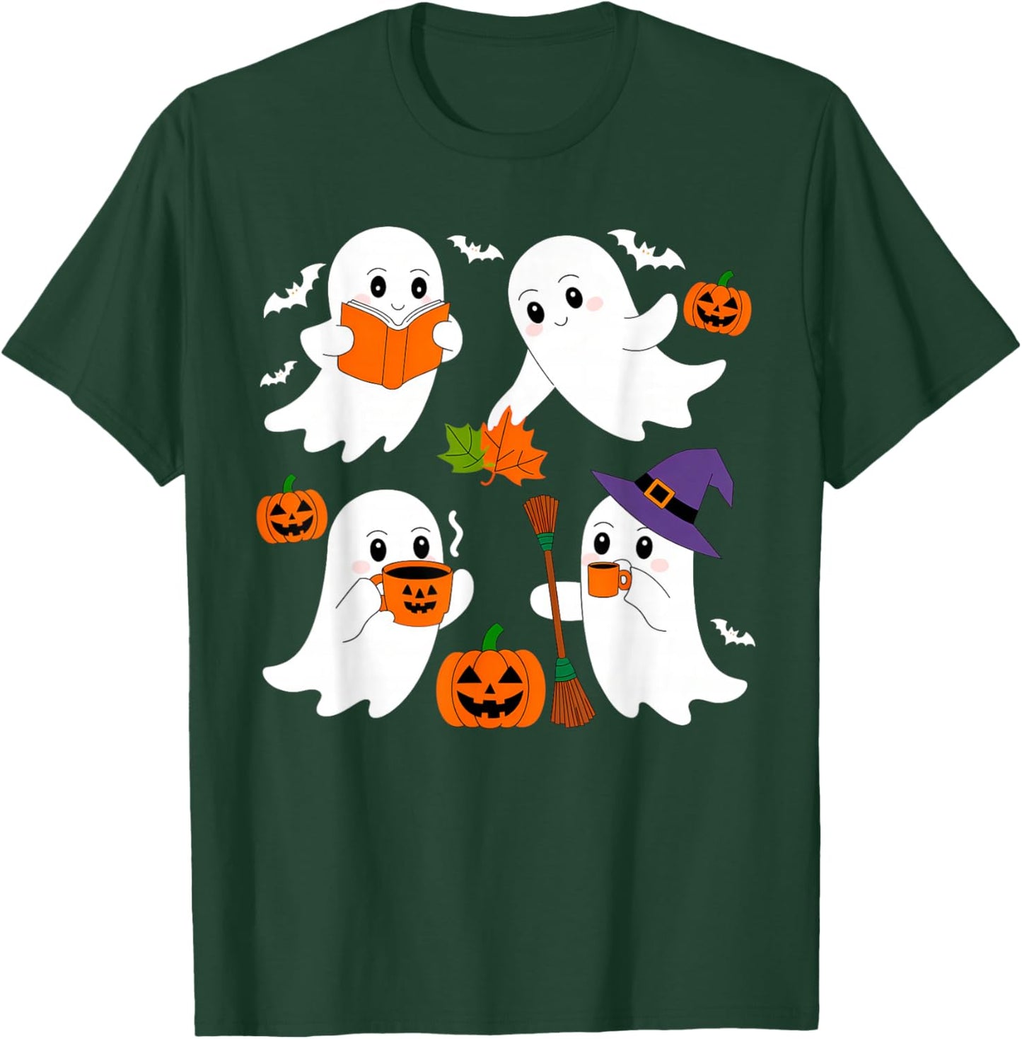 Cute Ghost Drinking Coffee Halloween Fall Ghost Book Reading T-Shirt - T-Shirt | Forest