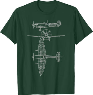 Spitfire Iconic British Airplane Blueprint Design T-Shirt - T-Shirt | Forest