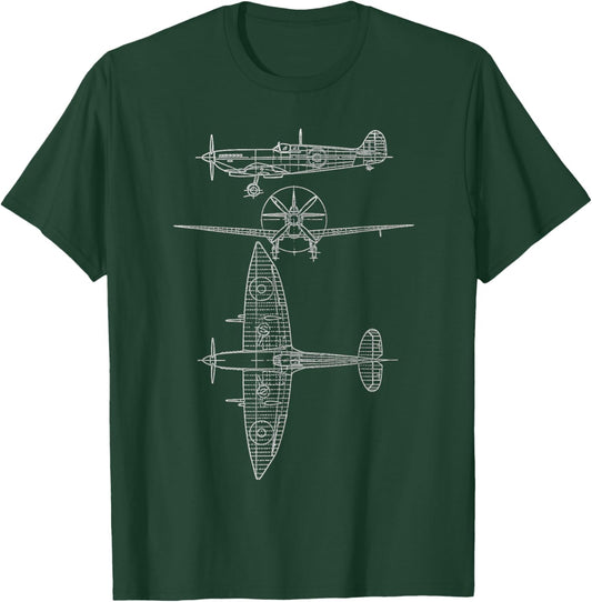 Spitfire Iconic British Airplane Blueprint Design T-Shirt - T-Shirt | Forest