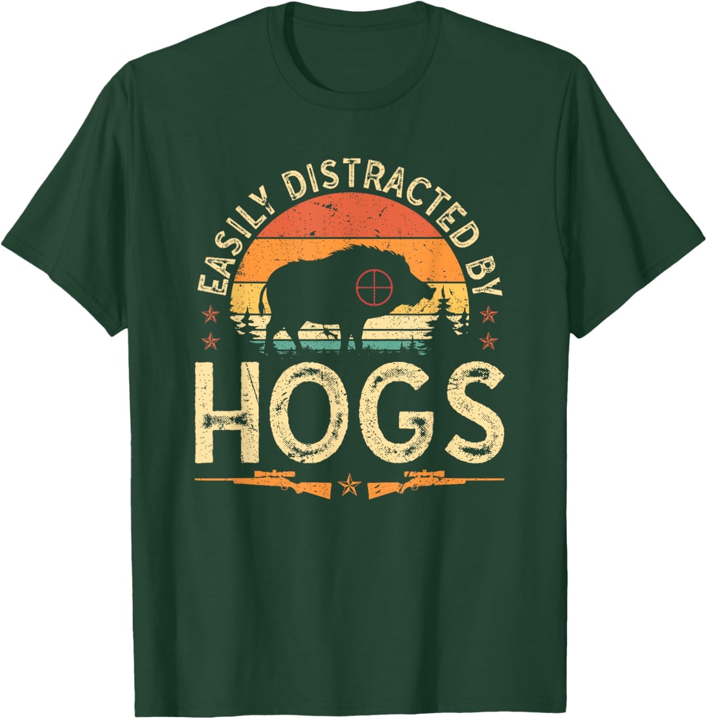 Easily Distracted By Hogs Hog Hunting Retro Wild Boar Rifle T-Shirt - T-Shirt | Forest